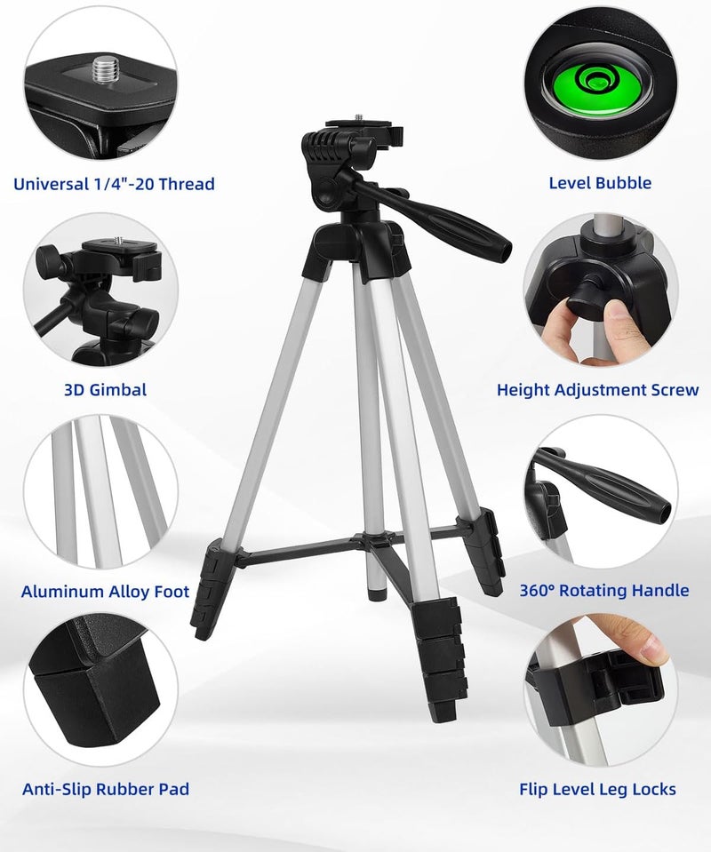 VulcanForge 16.5"-55" Aluminum Tripod for Laser Level, 1.2lb Lightweight, 3D Pan Tilt with Bubble Level, Quick Release Plate, Silver. - Image 2